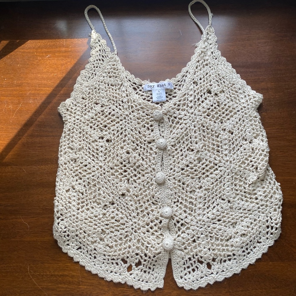 Say What? Crocheted Cream/Tan/Off-White Cropped Top; Size:Small - Picture 1 of 9